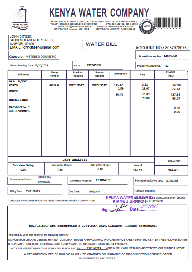 Kenya Kenya Water Company utility bill template in Word and PDF formats
